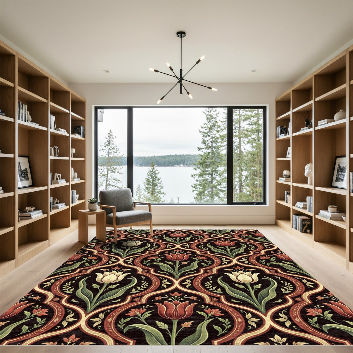 Elegant Crimson and Cream Tulip Damask Rug