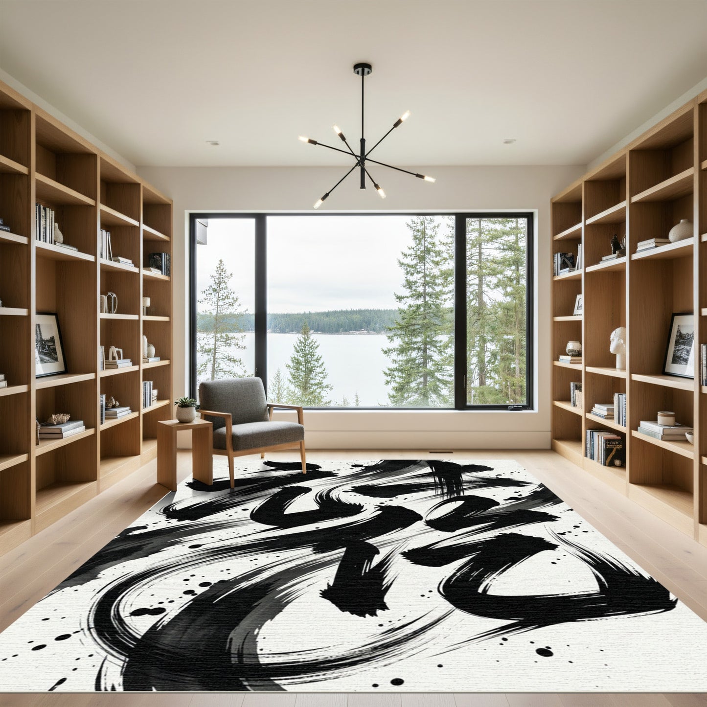 Bold Black Ink Brush Strokes Rug