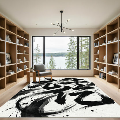 Bold Black Ink Brush Strokes Rug