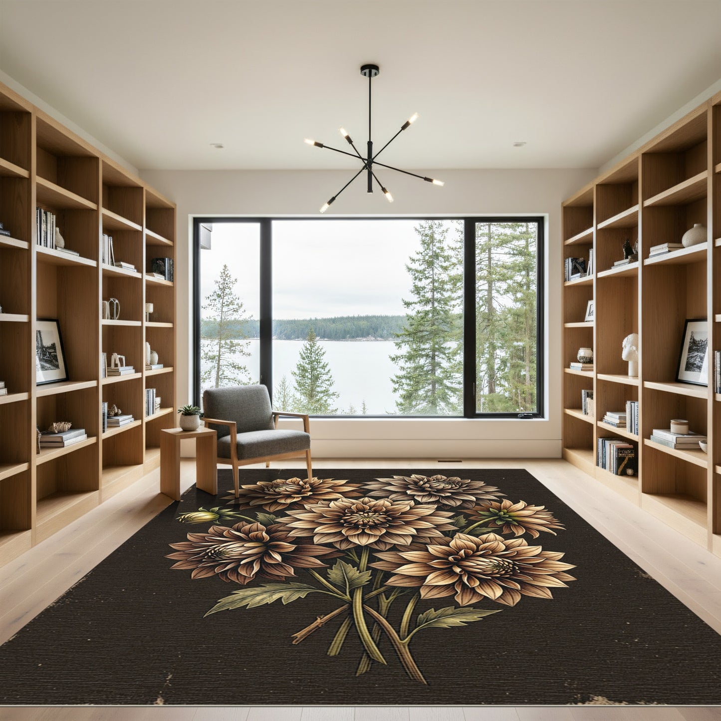 Earthy Dahlia Bouquet Dark Background Rug
