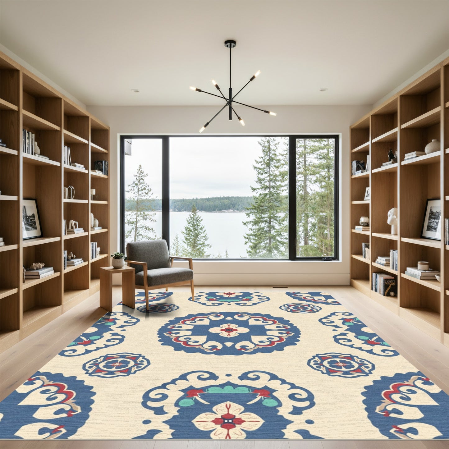Cream Navy Red Floral Medallion Rug
