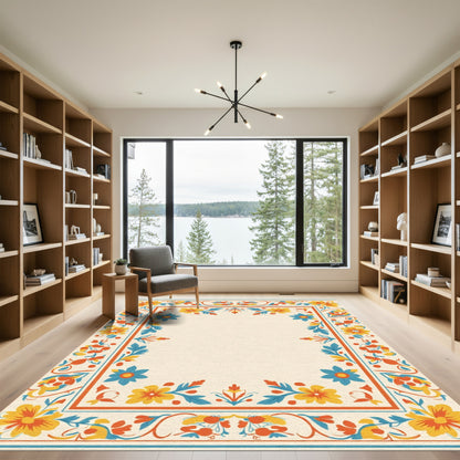 Vibrant Floral Border Teal Orange Yellow Rug