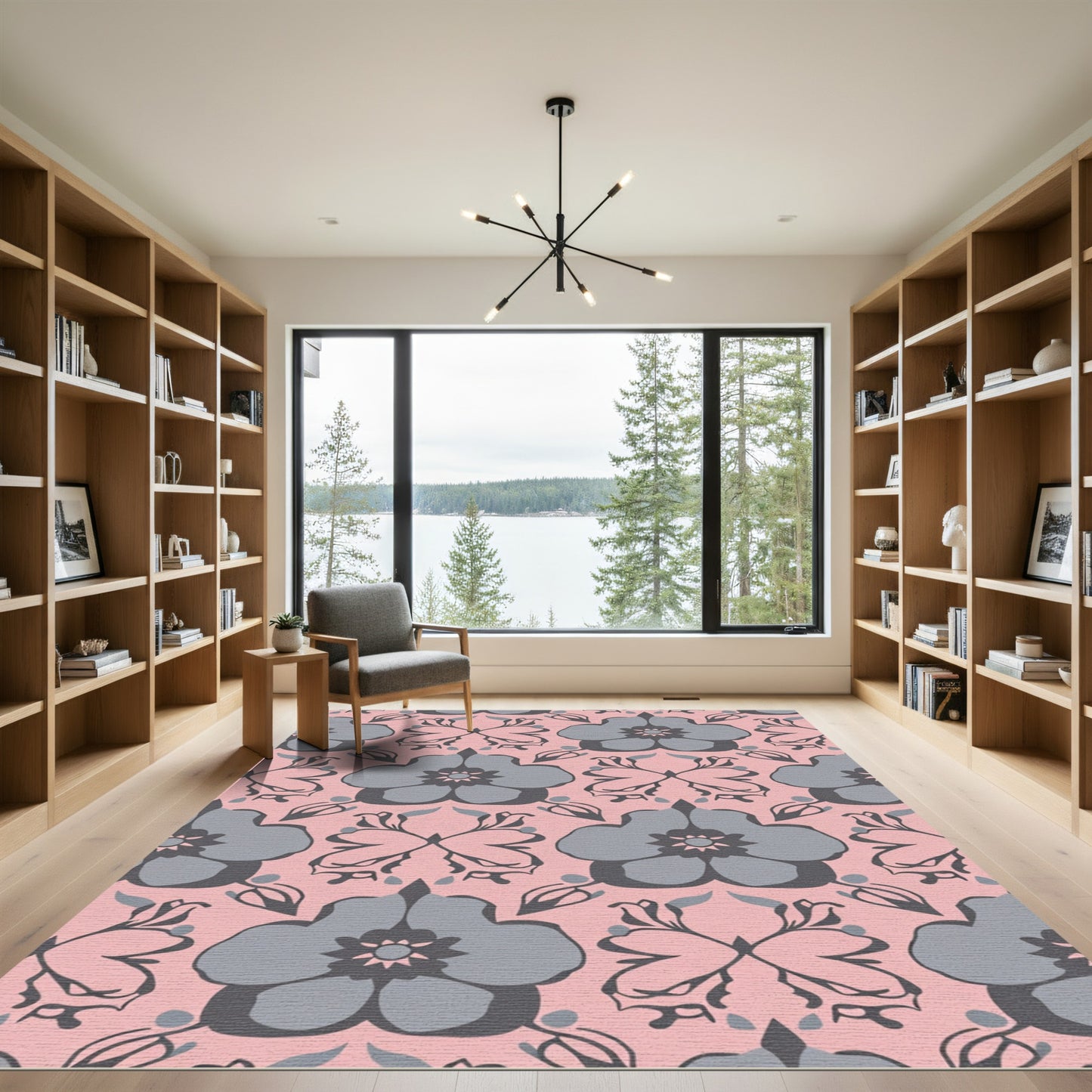 Pink Gray Floral Damask Art Rug