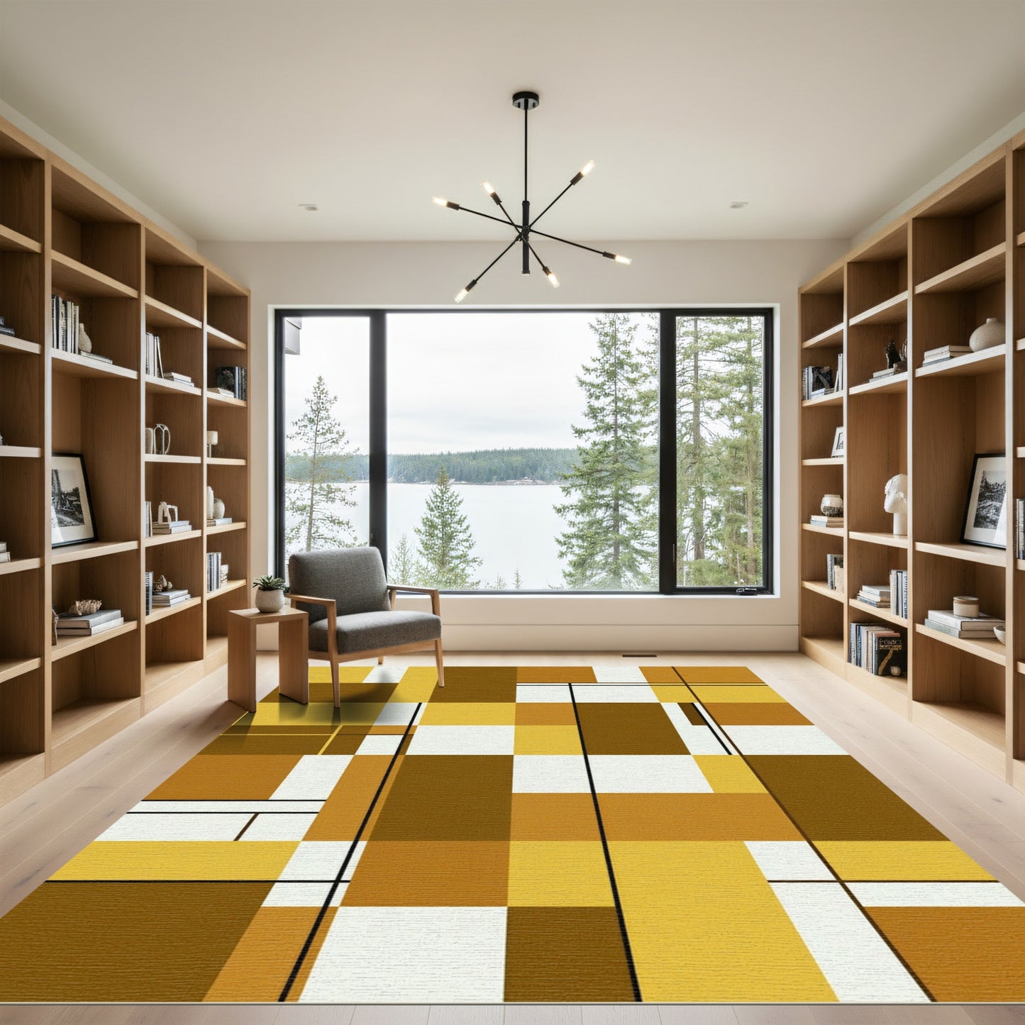 Modern Geometric Ochre and Brown Grid Rug
