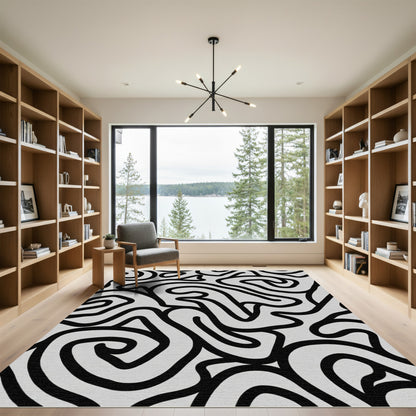 Monochrome Abstract Swirl Ribbon Rug