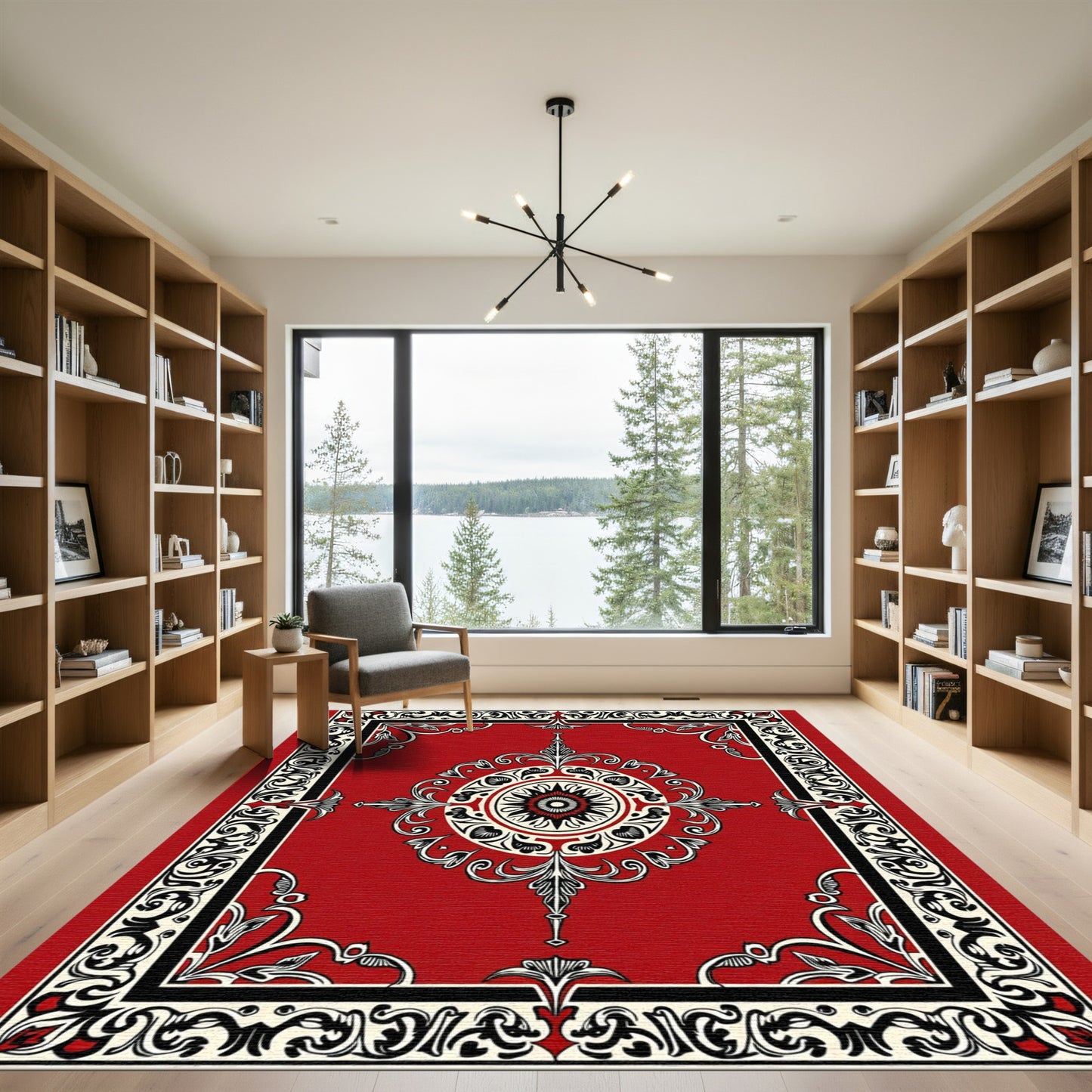 Crimson Red Floral Medallion Frame Rug