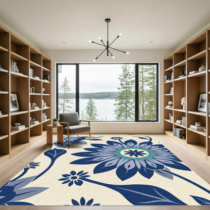 Navy Blue Floral Burst Composition Rug