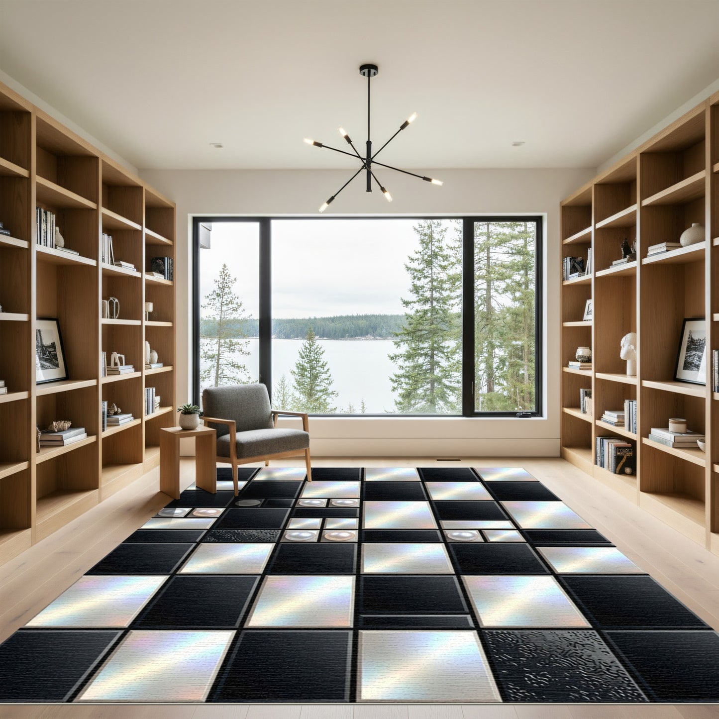Modern Metallic Black and Silver Grid Rug