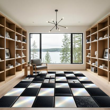 Modern Metallic Black and Silver Grid Rug