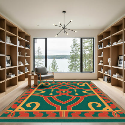 Emerald Red Yellow Geometric Lattice Rug