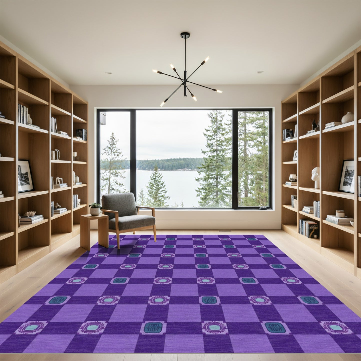 Purple Blue Checkerboard Geometric Medallion Rug