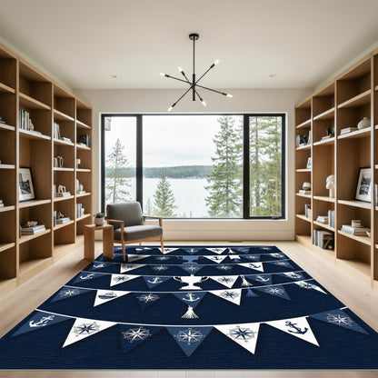 Nautical Navy Blue Anchor Compass Bunting Rug