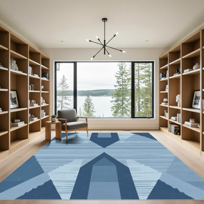 Symmetrical Indigo Geometric Stepped Forms Rug