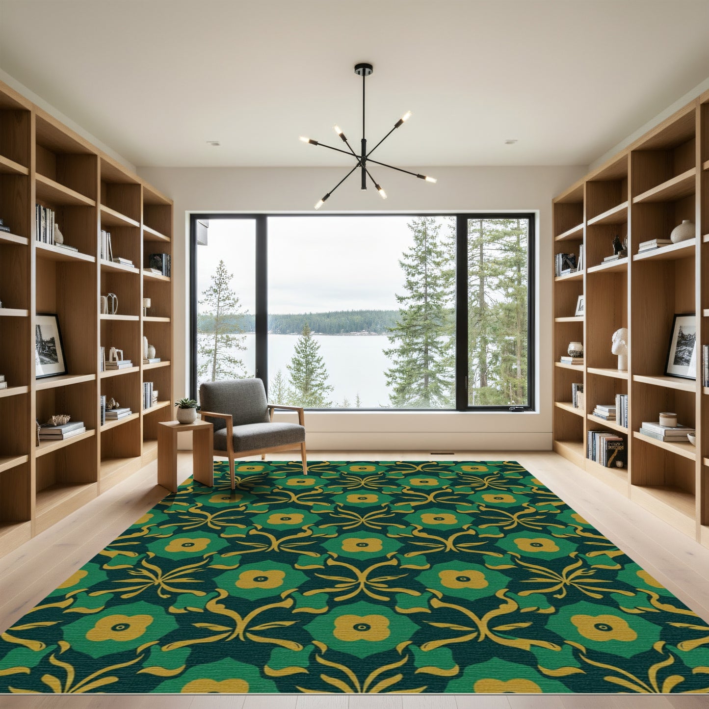 Deep Green Yellow Floral Lattice Rug