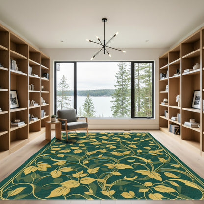 Emerald Green Golden Vine Scrolls Rug
