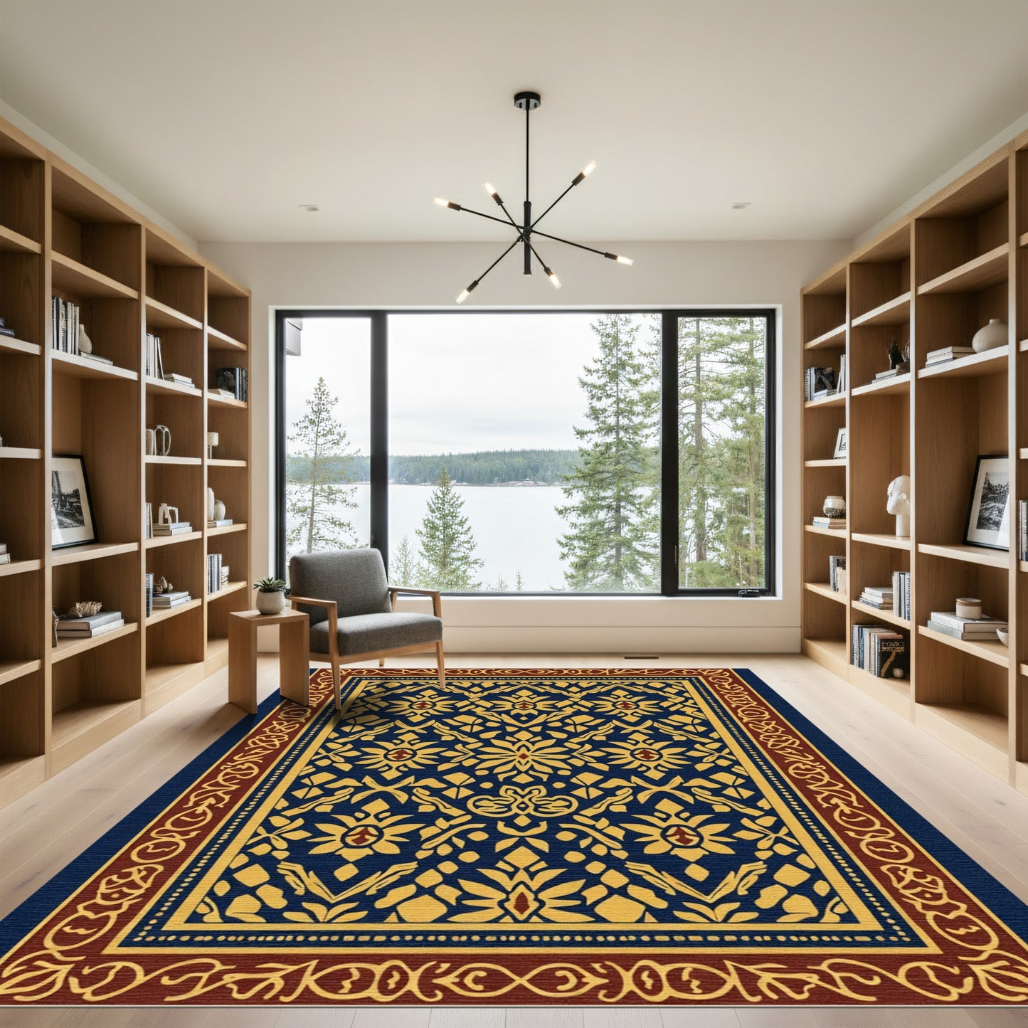 Majestic Blue Gold Floral Scroll Rug