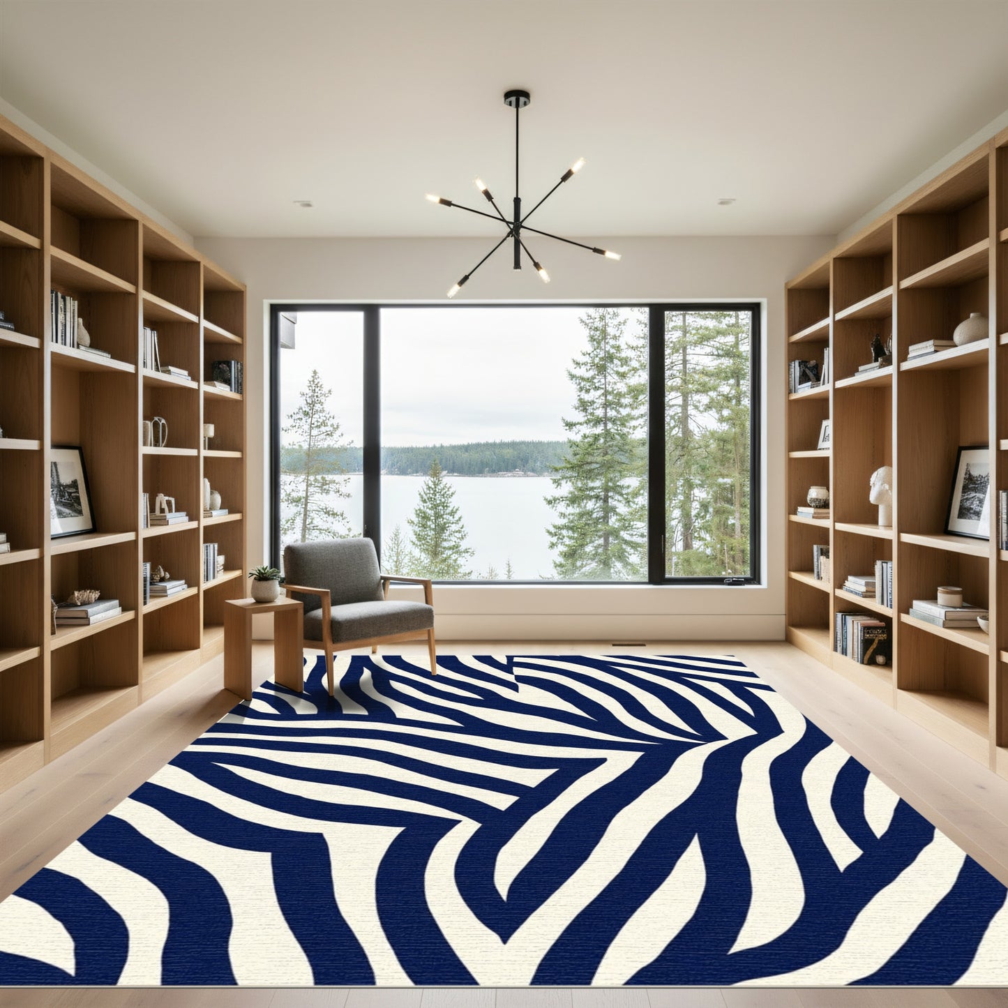 Deep Blue Ivory Zebra Stripe Rug