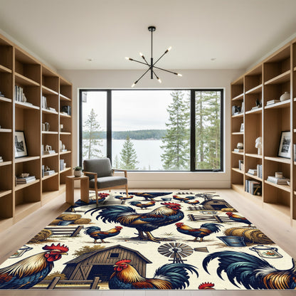 Rustic Farmhouse Rooster Barnyard Illustration Rug