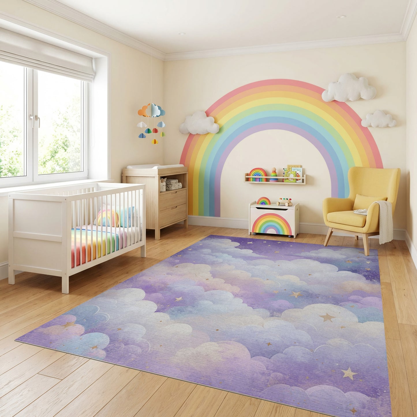 Dreamy Purple Clouds Golden Stars Rug