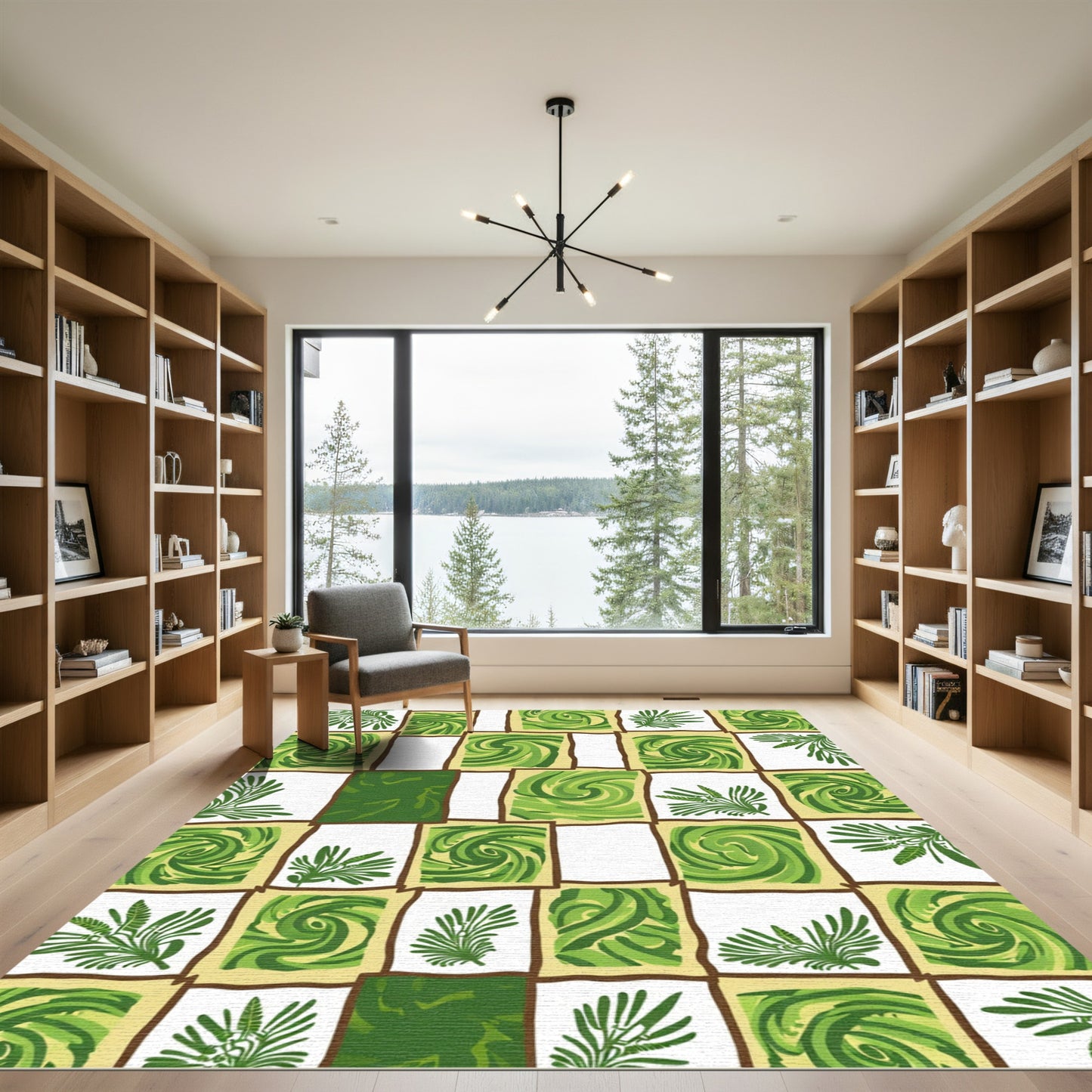 Green Fern Swirl Checkerboard Rug