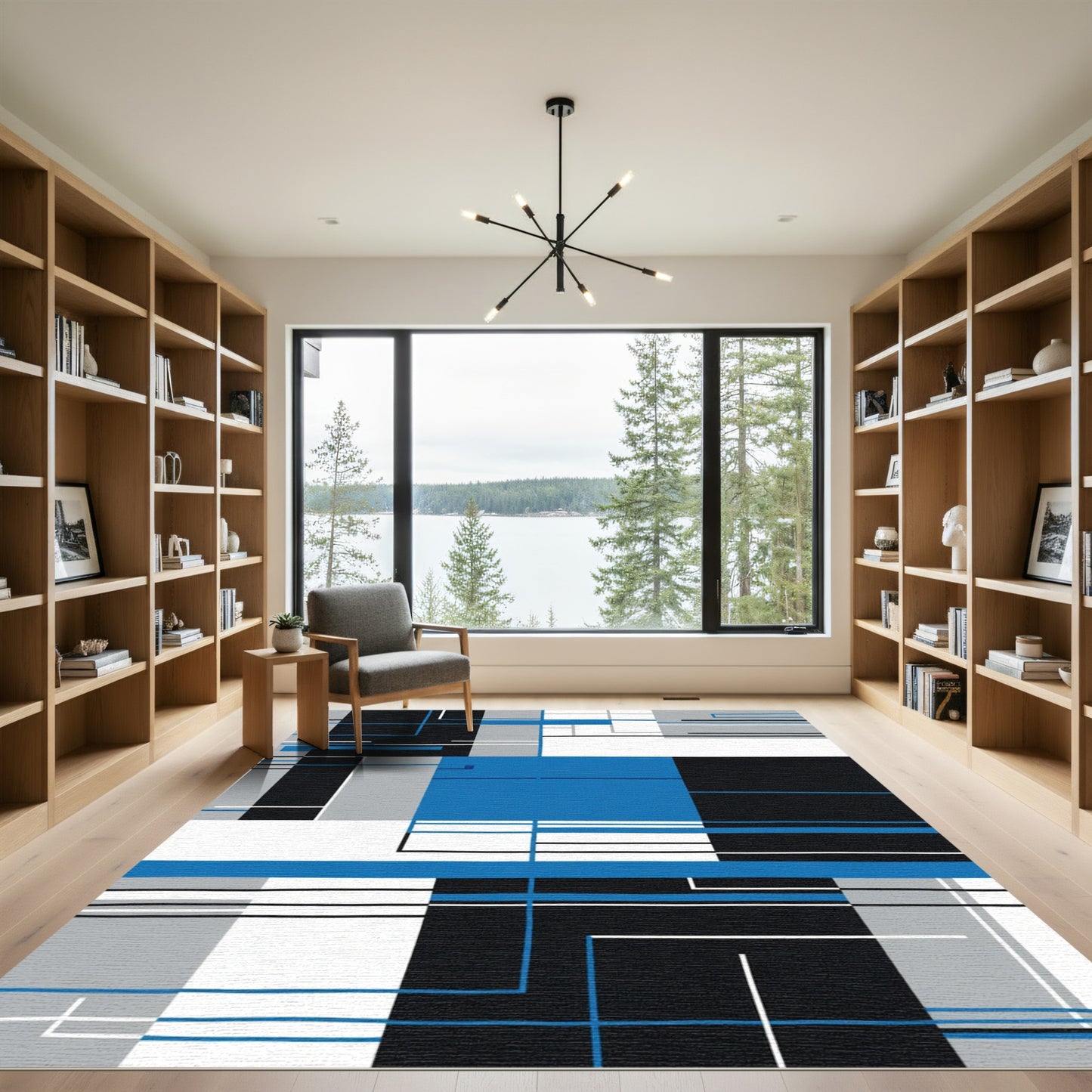 Geometric Blocks Blue Black White Rug