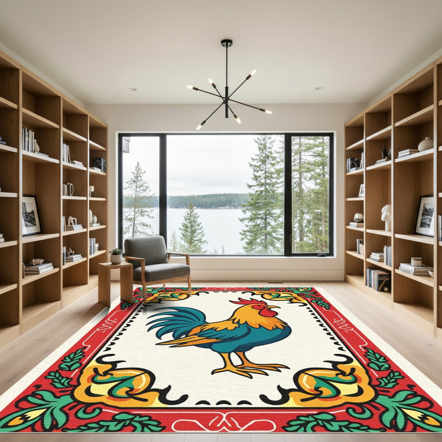 Bold Red Rooster Floral Accent Rug