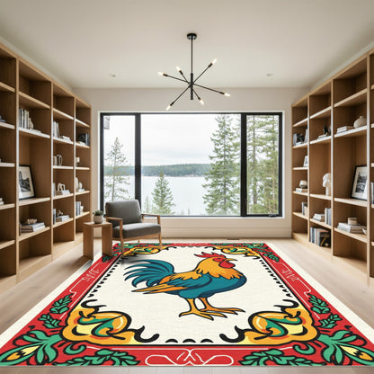 Bold Red Rooster Floral Accent Rug