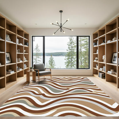 Earthy Brown Abstract Wave Rug