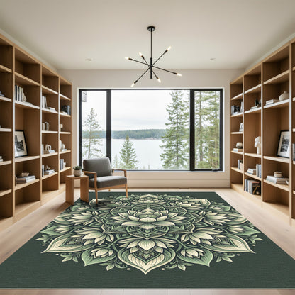 Sage Green Lotus Mandala Art Rug