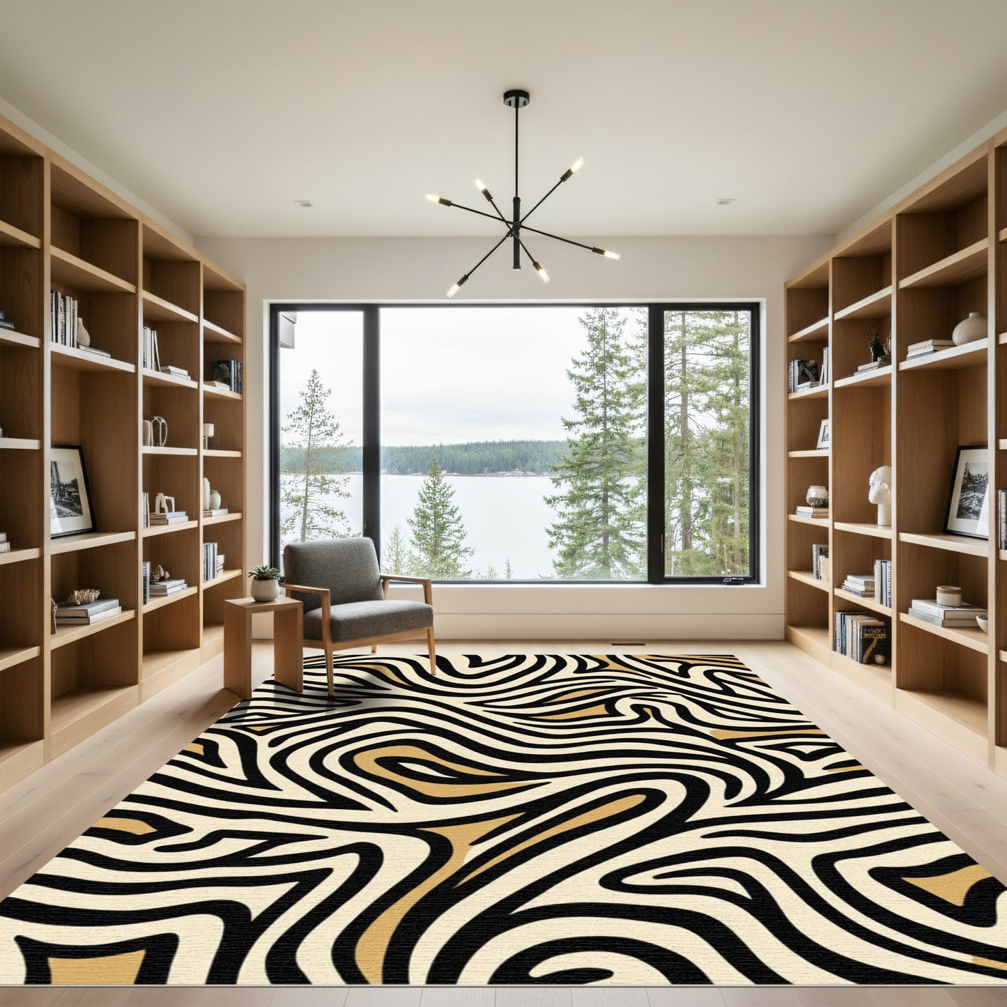Cream Black Golden Swirl Animal Print Rug