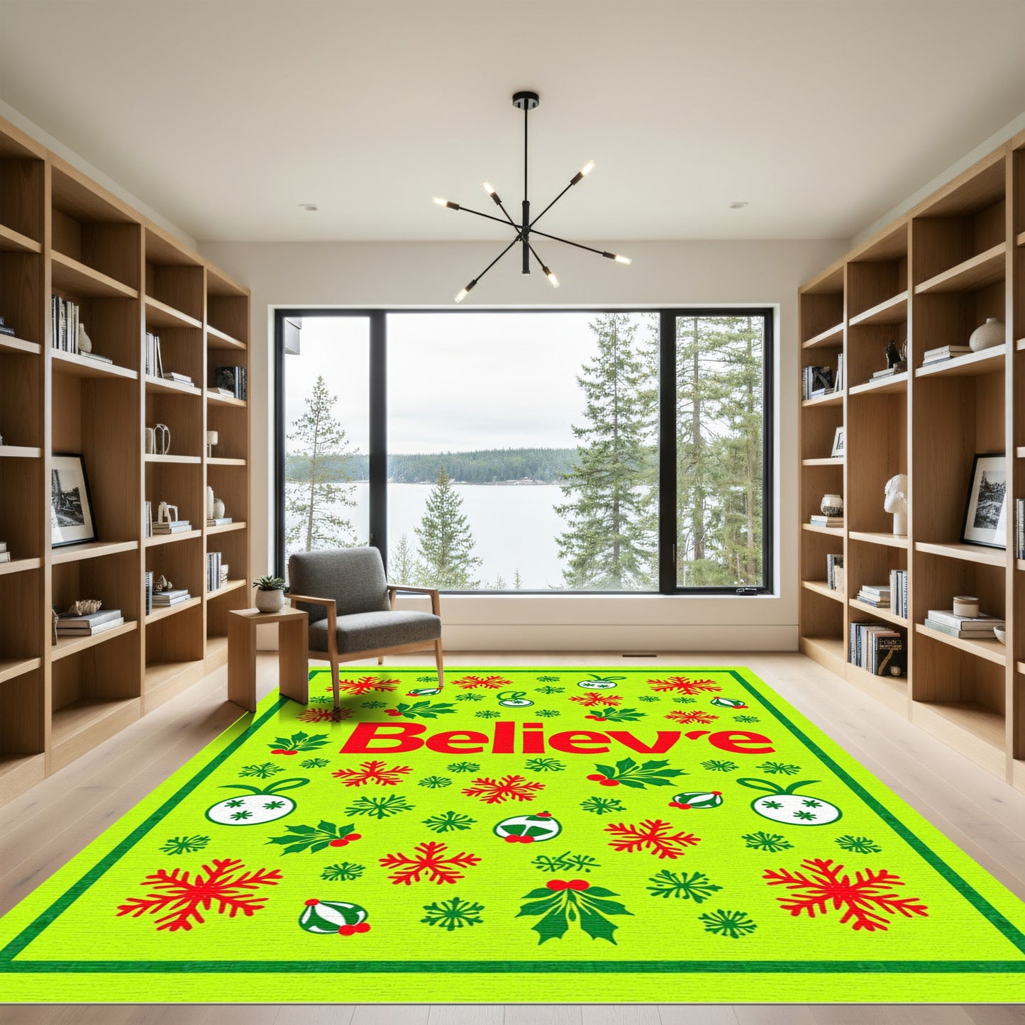 Holiday Believe Red Snowflake Holly Ornaments Rug