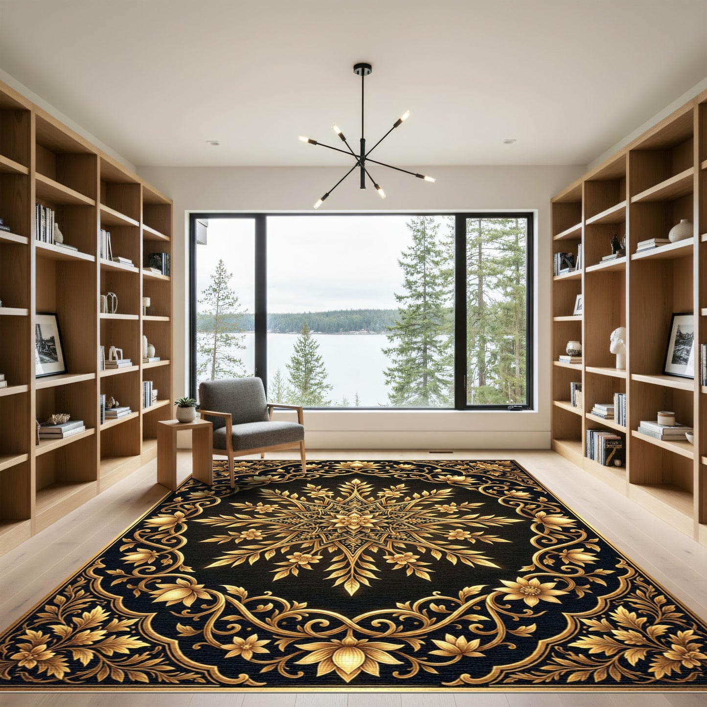 Elegant Gold Floral Medallion Black Rug
