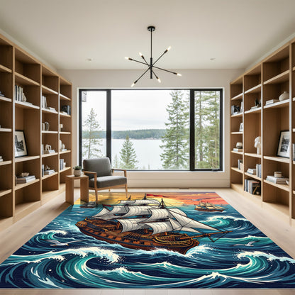 Majestic Galleon Sunset Ocean Voyage Rug