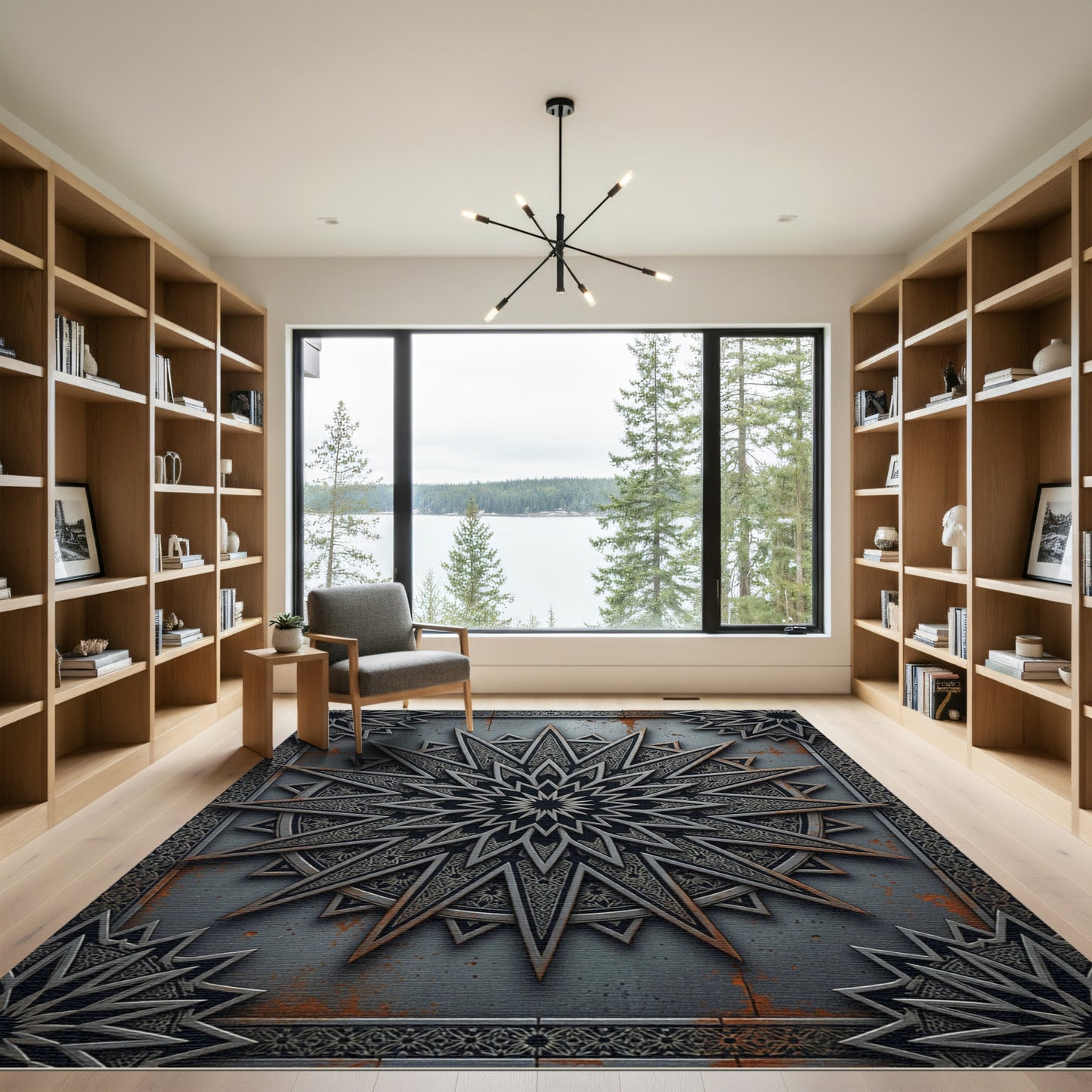 Industrial Metallic Starburst Geometric Medallion Rug