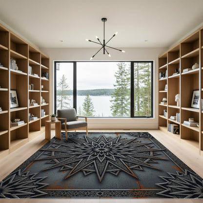 Industrial Metallic Starburst Geometric Medallion Rug