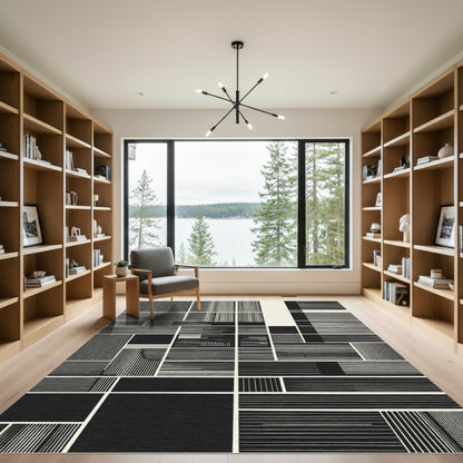 Geometric Black and Cream Stripe Collage Rug