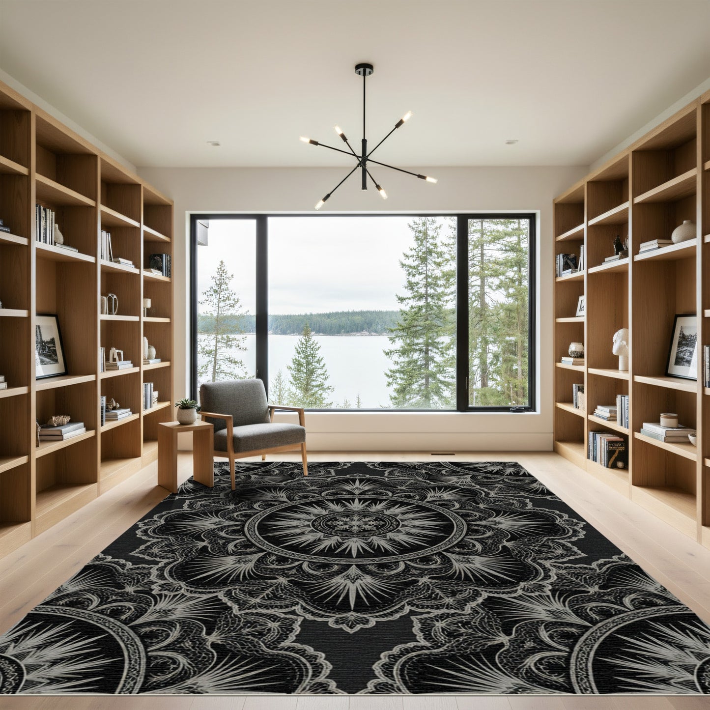 Ornate Monochrome Mandala Circular Floral Rug