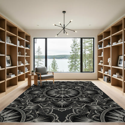 Ornate Monochrome Mandala Circular Floral Rug