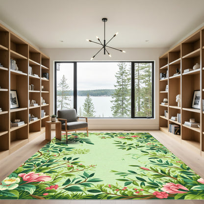 Lush Pink Blossom Greenery Border Rug