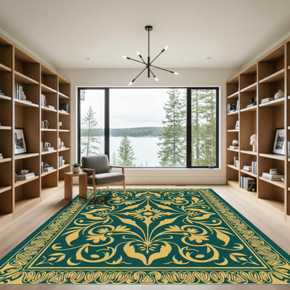 Deep Teal Gold Floral Medallion Rug