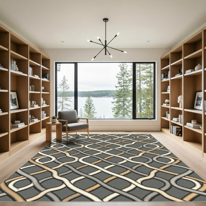 Interlocking Gray Cream and Tan Woven Links Rug