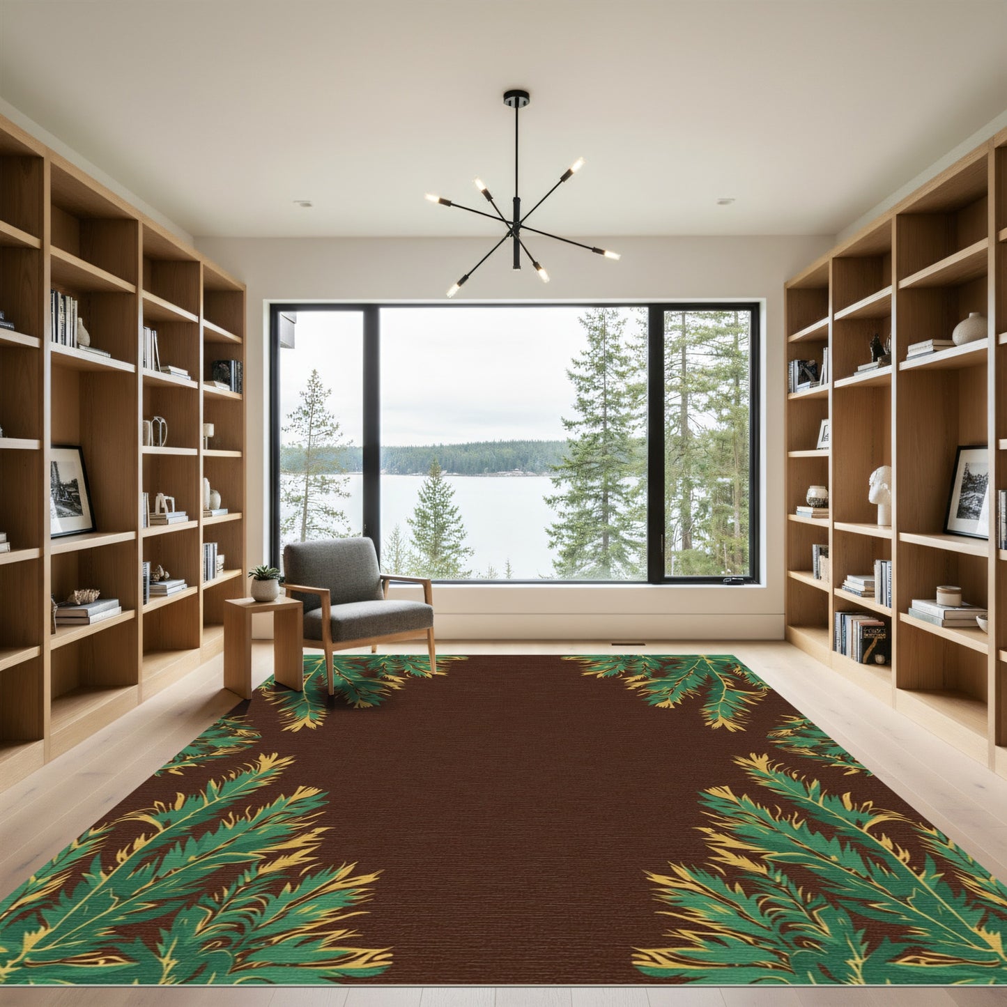 Dark Green Pine Branch Border Rug
