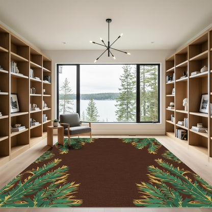 Dark Green Pine Branch Border Rug