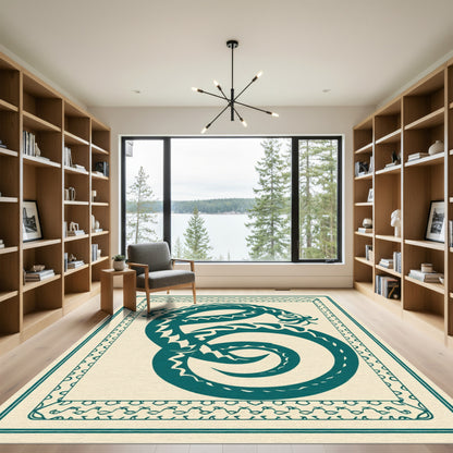 Teal Dragon Swirl Border Rug
