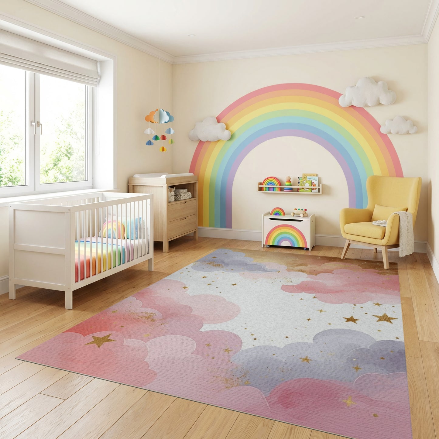 Dreamy Pastel Clouds Gold Stars Rug