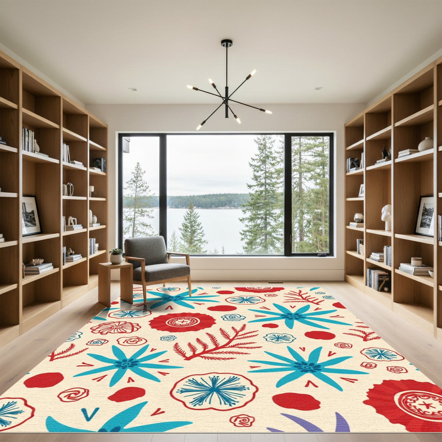 Red Blue Floral Whimsical Organic Layout Rug