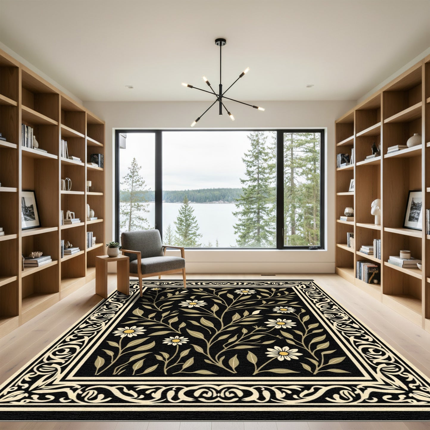 Floral Black Bordered Daisy Rug