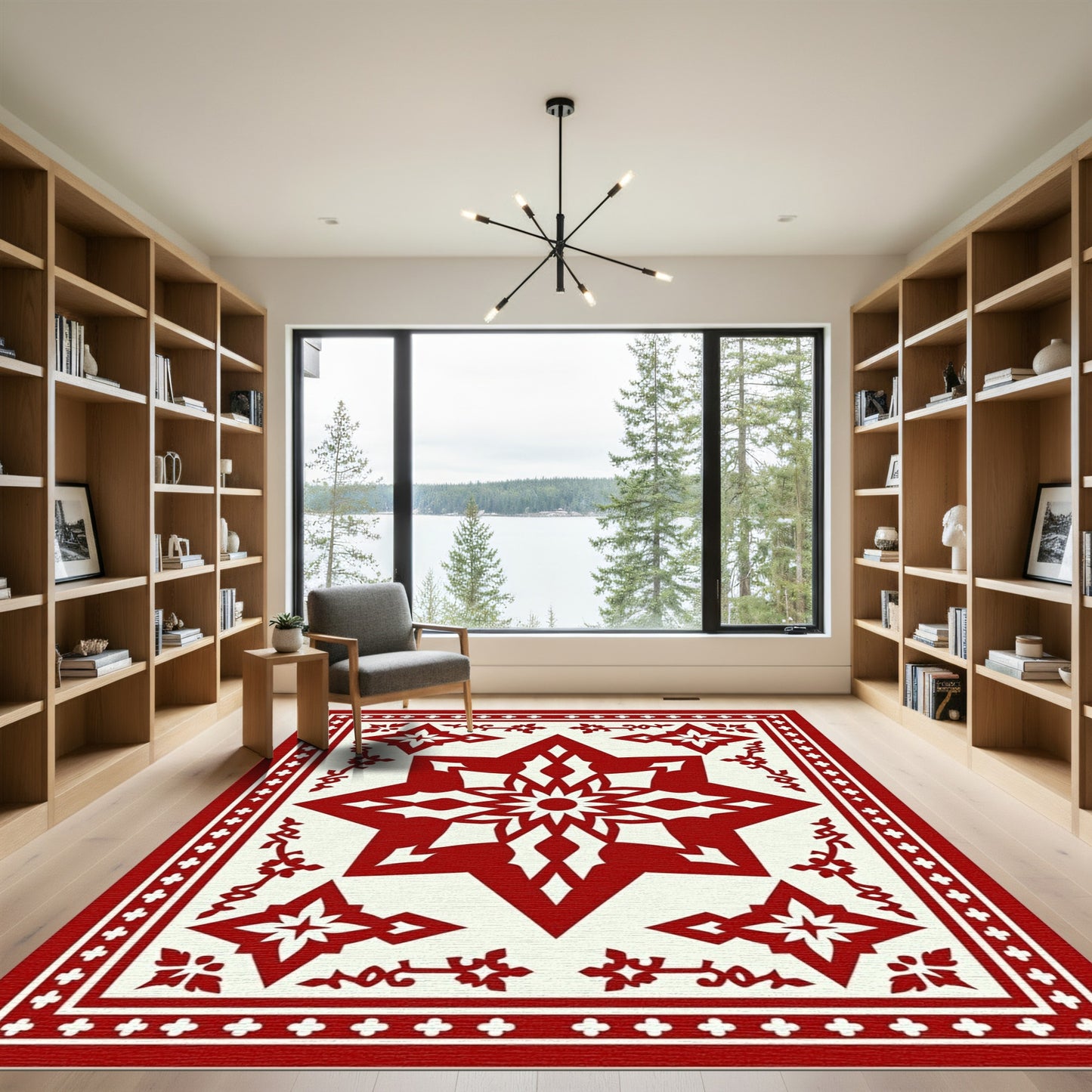 Crimson Starburst Geometric Border Rug