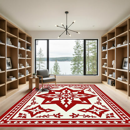 Crimson Starburst Geometric Border Rug
