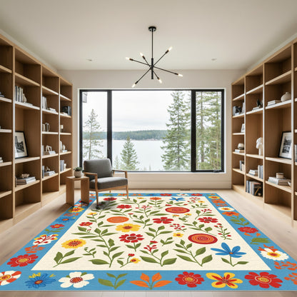 Whimsical Red Yellow Blue Floral Vine Rug